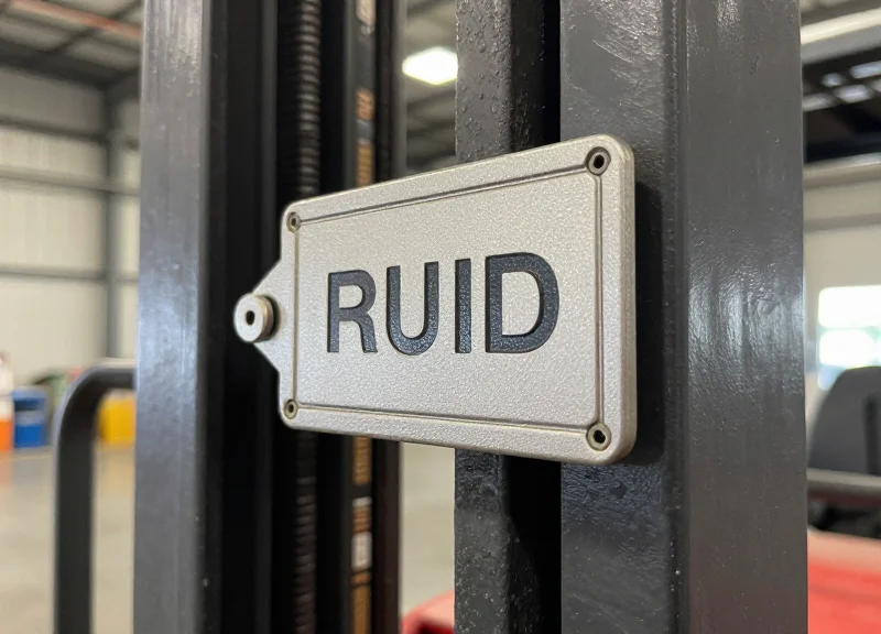 Close-up of a rugged RFID tag mounted on a metal industrial forklift