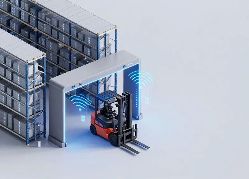 An isometric 3D illustration of a smart warehouse featuring a forklift passing through an automated gate with glowing blue RFID signal waves.