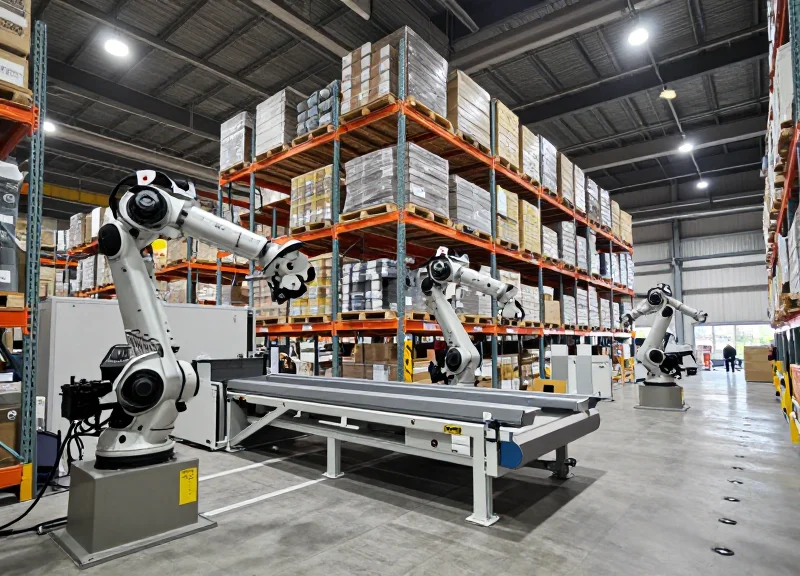 Wide shot of a modern, highly automated warehouse with robotic arms and organized shelving systems