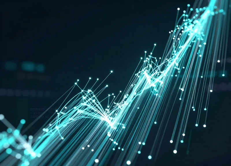 Abstract data visualization showing upward moving light trails symbolizing 35 percent throughput growth