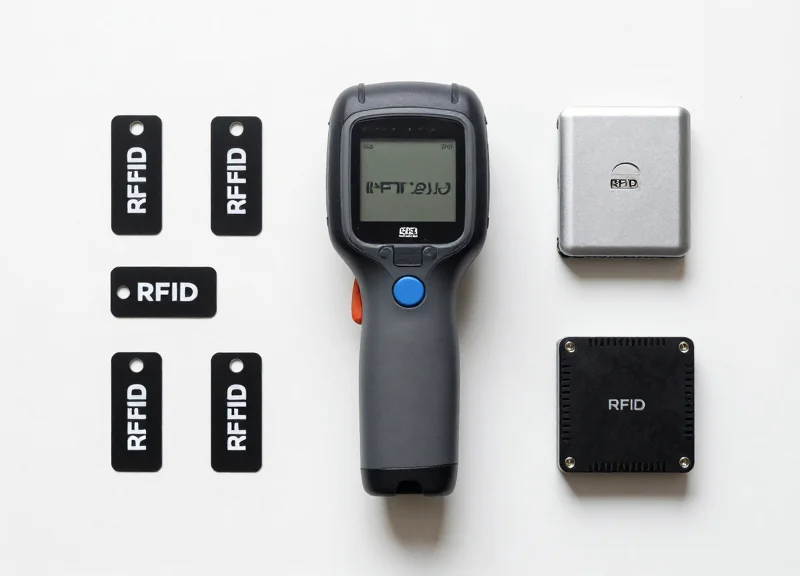 Neatly arranged collection of RFID hardware including tags, handheld readers, and stationary gateways