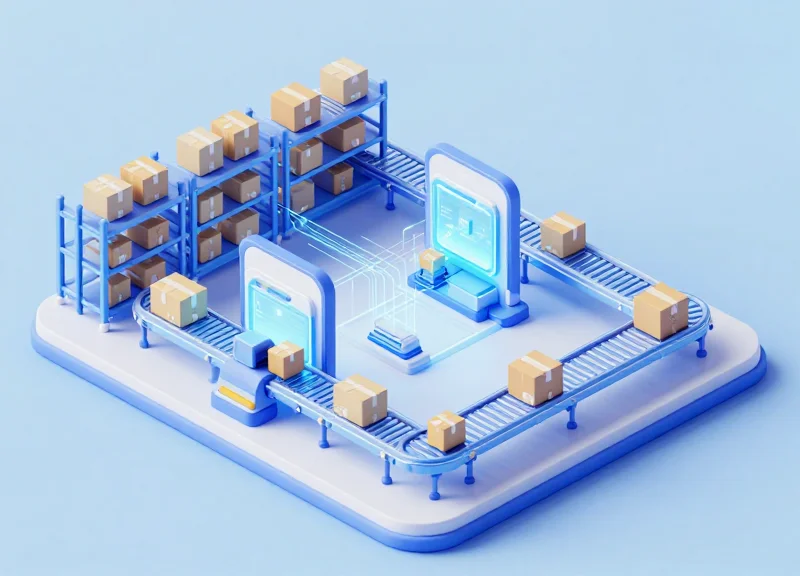 An isometric 3D illustration of an automated warehouse with conveyor belts, parcels moving through electronic scanning portals, and glowing digital connection lines symbolizing data flow.