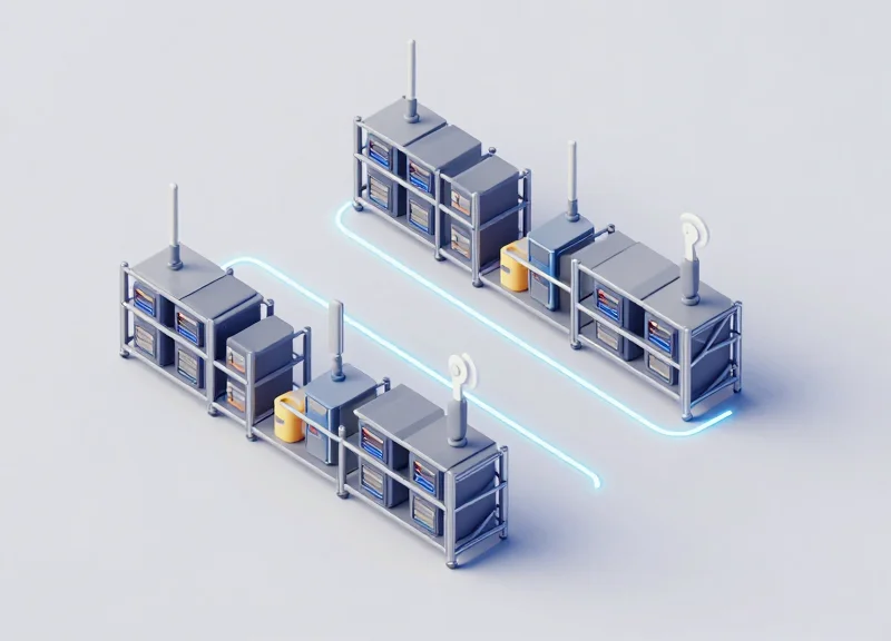 An isometric view of a warehouse forklift lane with strategically placed RFID antennas on support beams.