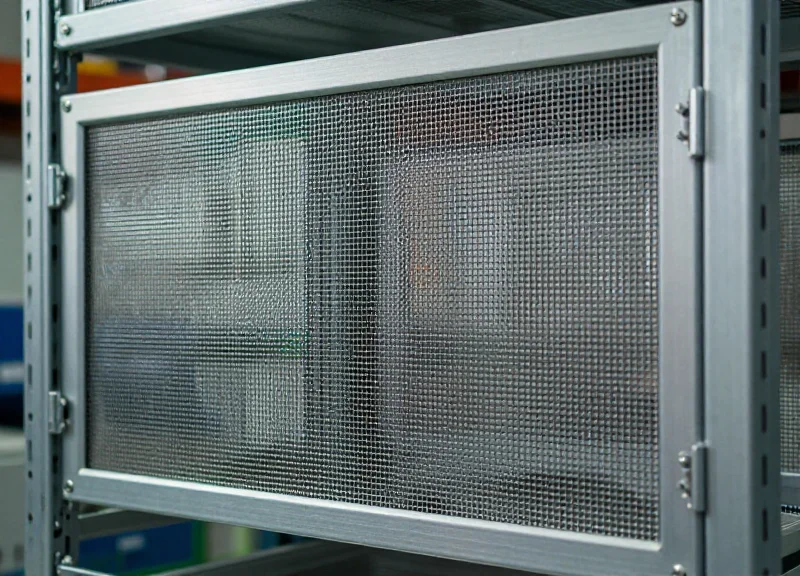 Close-up of a metallic shielding barrier installed in an industrial warehouse lane to block stray RF signals.