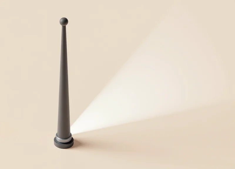 3D visualization showing a narrow directional signal beam from an RFID antenna focusing only on the intended path.