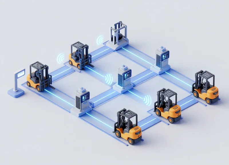 An isometric 3D miniature model of a warehouse with multiple forklifts in lanes passing through RFID sensor gates with glowing signal connection lines.