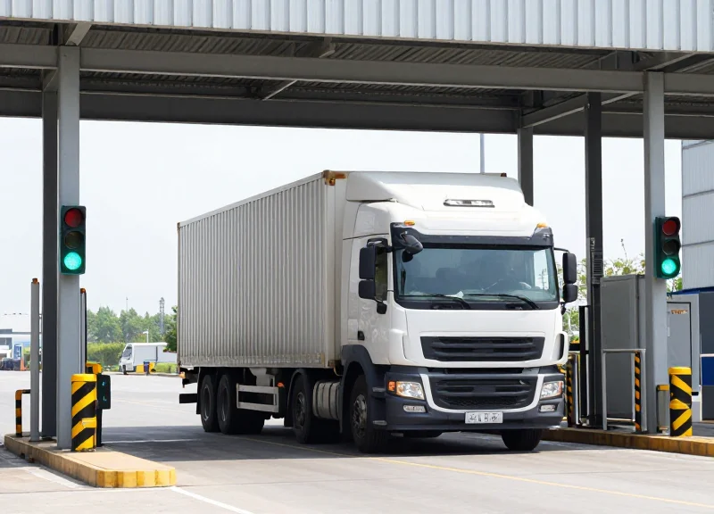 A transport truck passing through an automated industrial RFID gate without stopping.