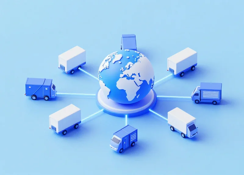 Isometric 3D view of a smart logistics network with interconnected warehouses and trucks.