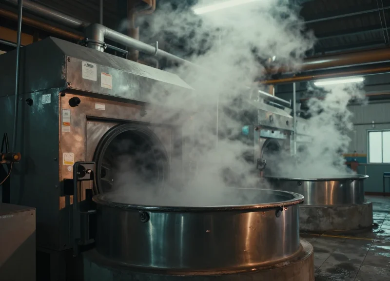 A wide-angle cinematic shot of a busy, humid industrial warehouse with heavy machinery and steam, illustrating a harsh environment for assets.