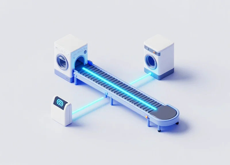 Isometric 3D model of a smart industrial laundry facility with automated tracking gates and organized workflow modules.