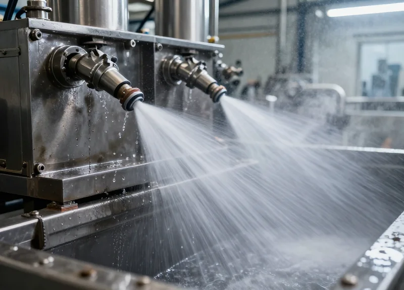 A high-pressure industrial liquid spray hitting a metallic asset in a professional facility, with water droplets and mist catching the light.