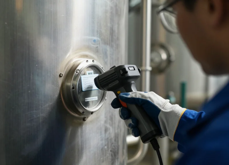 A maintenance technician in safety gear inspecting RFID hardware in a chemical processing plant.