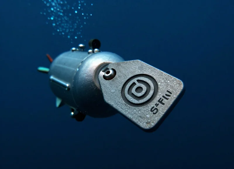 A rugged high-tech RFID tag attached to a deep-sea submersible in a dark underwater environment.