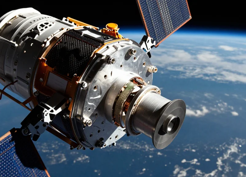 Close-up of a satellite component in space featuring advanced RFID sensors.