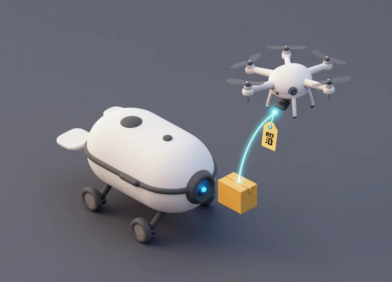 3D isometric illustration showing an autonomous drone and underwater robot interacting with RFID-tagged assets.