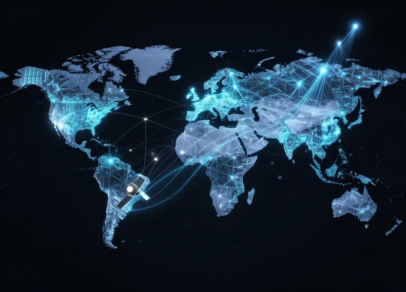 AI network visualizing real-time remote asset analytics from space and sea.