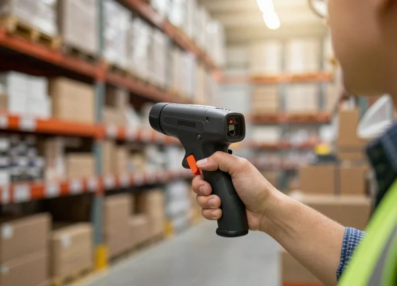 A logistics professional using a handheld scanner in a modern warehouse for high-density inventory.