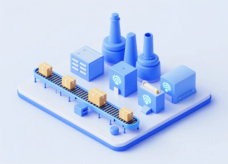 A modern isometric 3D illustration of an industrial asset tracking system, showing goods moving through a production line with glowing digital connection points on a clean blue background.