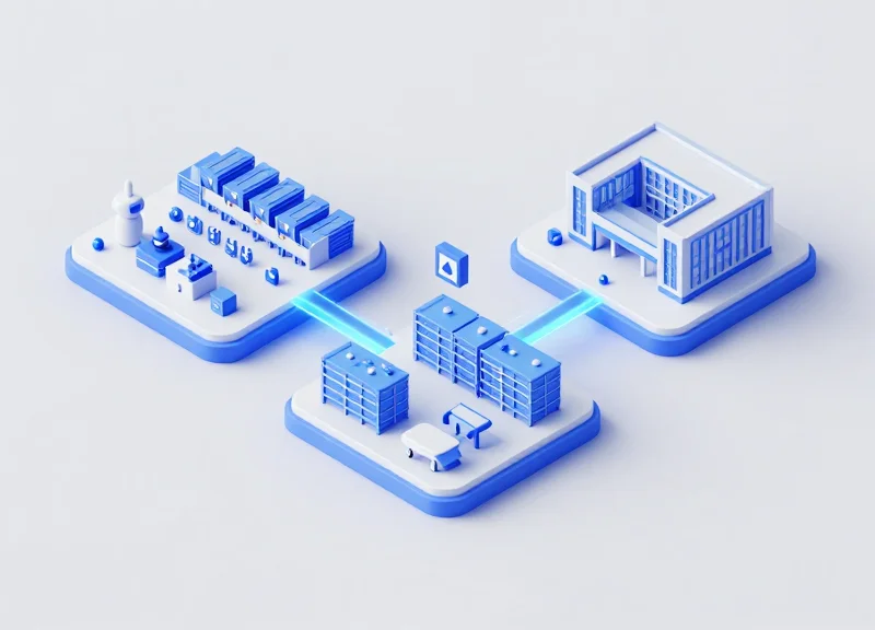 An isometric 3D illustration of a modular industrial workflow showing a factory, a warehouse, and an office connected by glowing digital data lines representing RFID tracking.
