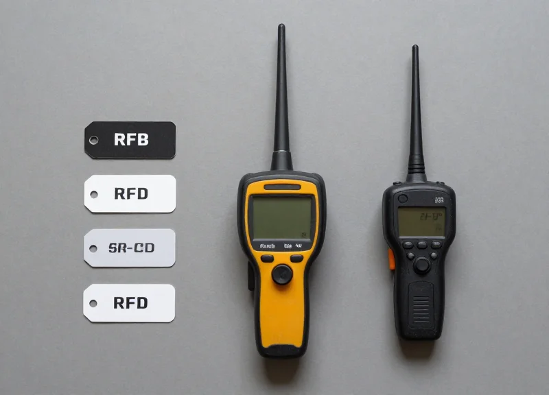 An organized collection of various RFID tags and an antenna laid out on a clean surface.