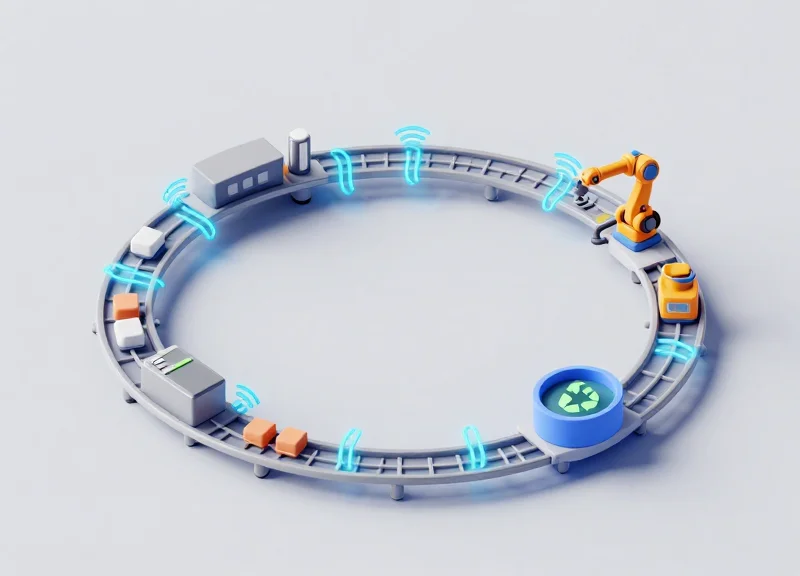 Isometric 3D illustration of a circular industrial workflow showing assets moving through production, maintenance, and recycling stages with glowing RFID signals.