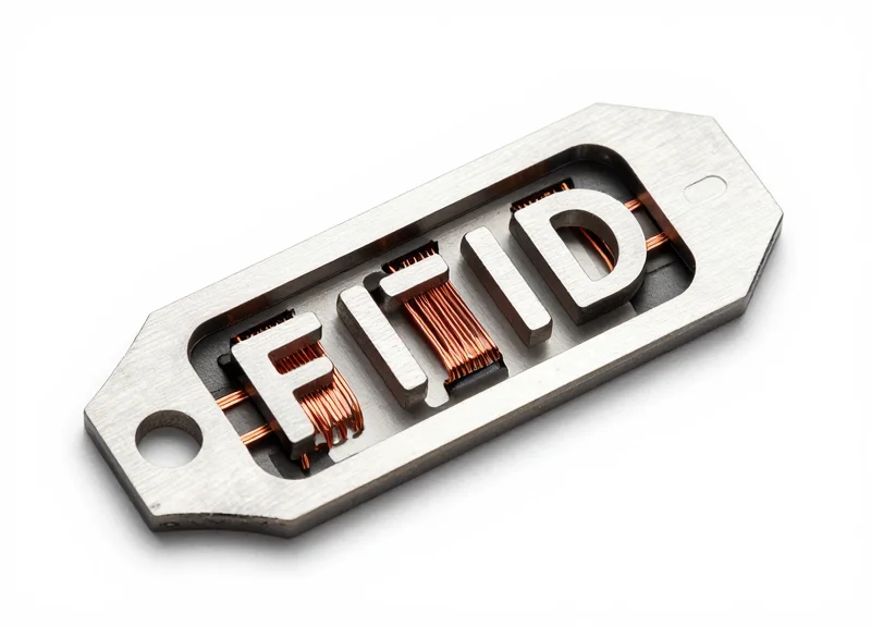 Macro shot of a modern RFID inlay tag with visible antenna circuitry