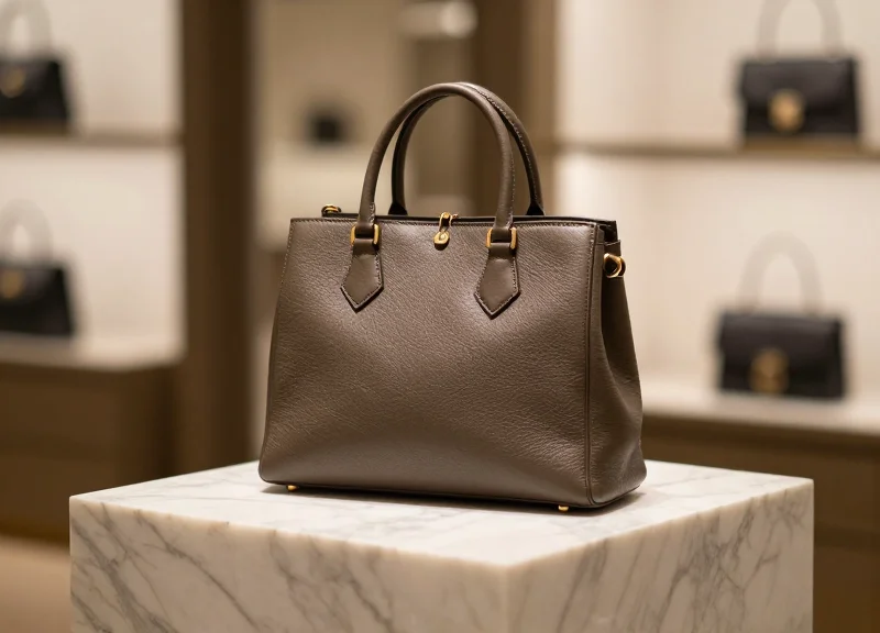 Close-up of a high-end luxury handbag in a sophisticated boutique setting with soft cinematic lighting.