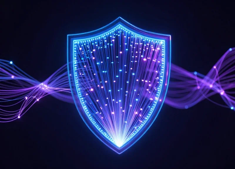 Abstract digital cryptography visualization with glowing data streams and security nodes.