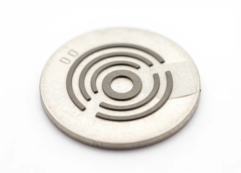 Macro view of a tamper-evident RFID tag showing intricate metallic antenna patterns on a white background.