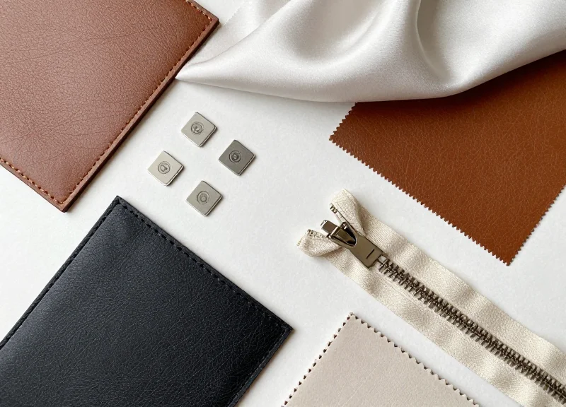 Neatly arranged luxury materials including leather, silk, and hardware with integrated RFID chips.