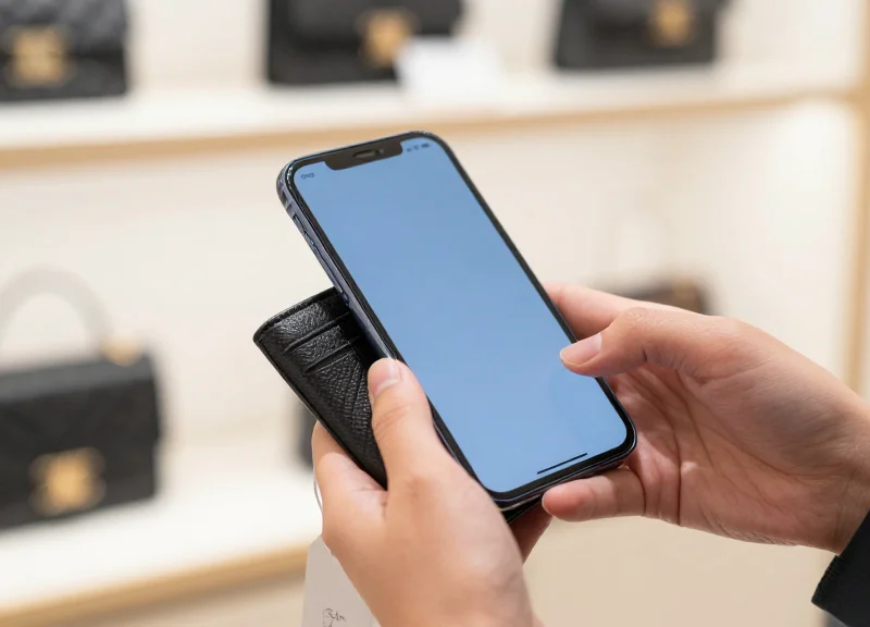 A person using a smartphone to scan a luxury item's tag for authentication.