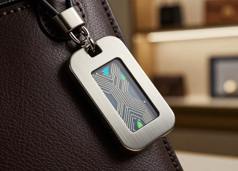 A close-up macro shot of a high-end designer leather handbag featuring an elegant, integrated metallic RFID security tag with subtle circuitry details, set against a soft bokeh background of a luxury boutique.