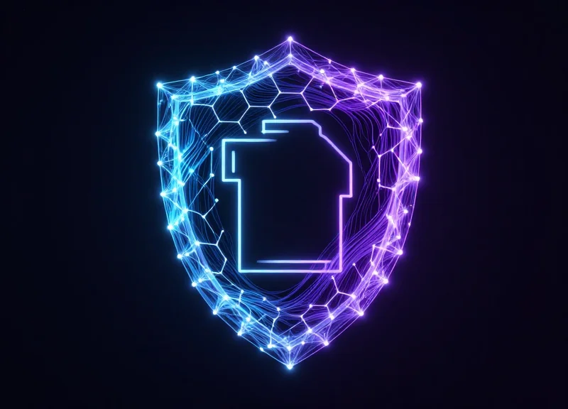 Abstract digital shield and encryption nodes protecting luxury products.