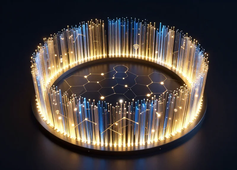 Abstract digital concept of a glowing protective shield made of encrypted data nodes and gold light trails surrounding a luxury boutique environment.