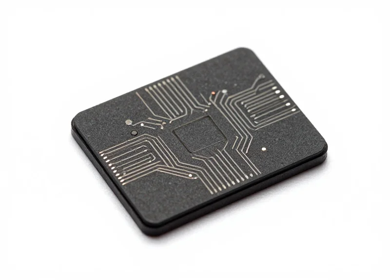 Close-up macro shot of a sophisticated RFID microchip showing intricate metallic circuits.
