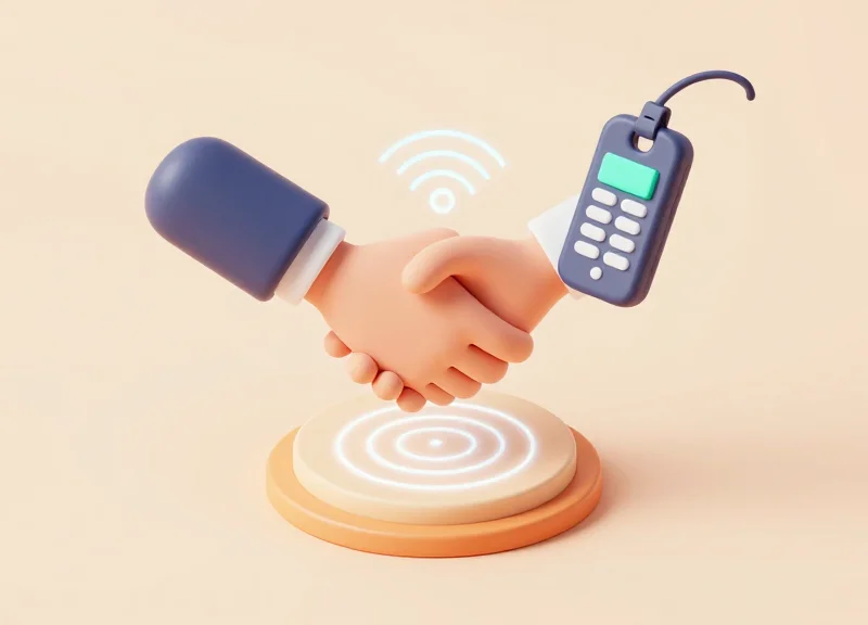 Isometric 3D view of an RFID tag communicating with a reader via glowing pulses, representing a digital handshake.