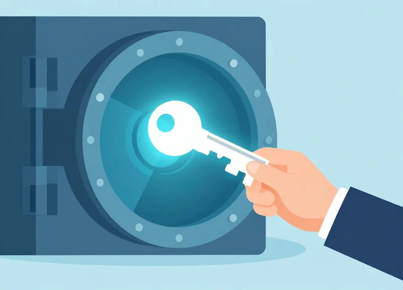 Flat vector illustration of a person securing a digital key inside a reinforced vault for key management.