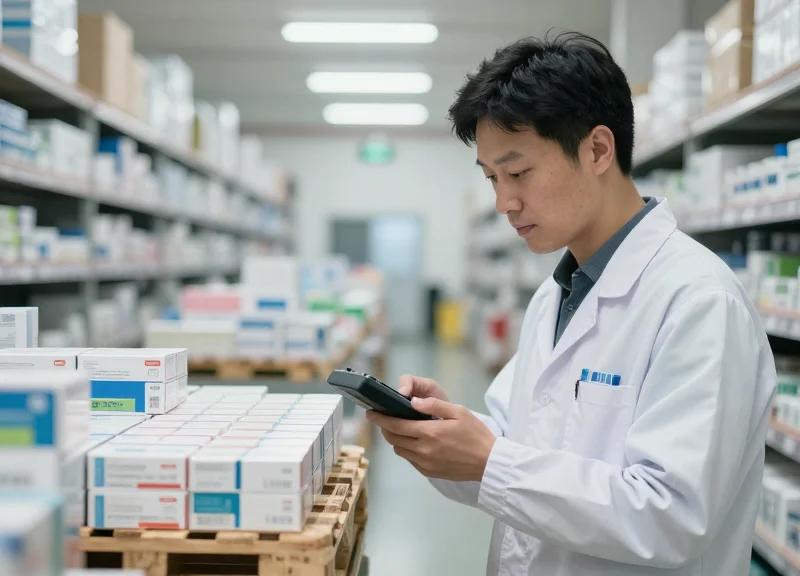 Technician using a handheld RFID scanner to track boxes of high-value pharmaceuticals in a warehouse.