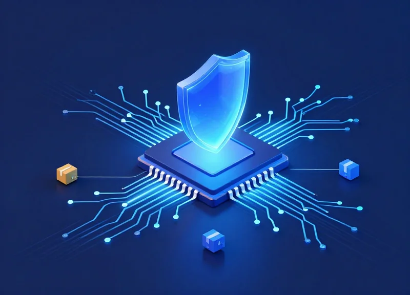 An isometric 3D illustration of a secure microchip system with glowing blue connection lines and a digital shield representing encrypted product traceability.
