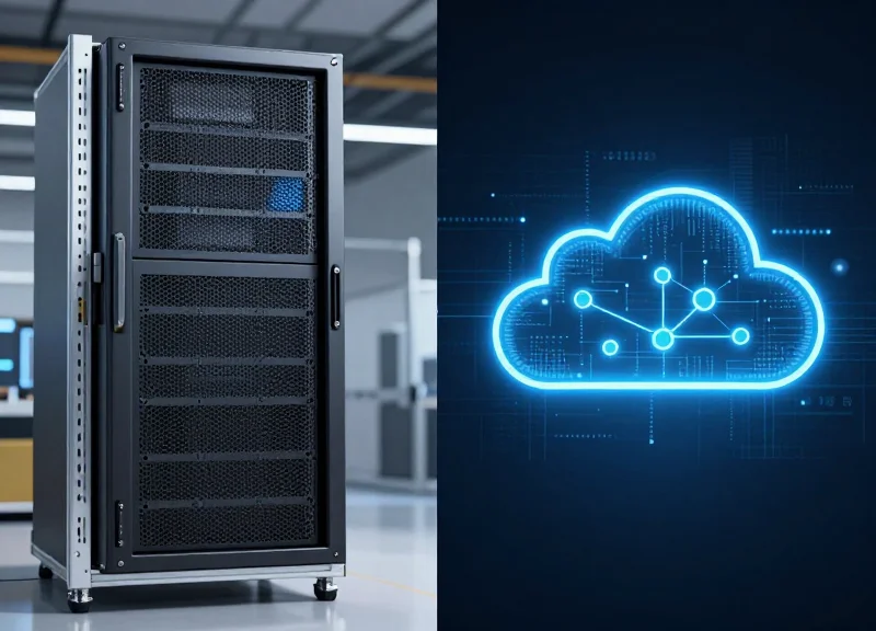 A side-by-side conceptual comparison between local edge computing hardware and a remote cloud server environment.