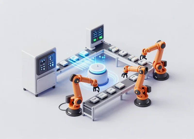 An isometric 3D illustration of an automated manufacturing production line with robotic arms, sensors, and glowing digital nodes representing the flow of data between hardware and software systems.