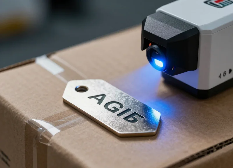 Macro shot of an RFID tag being scanned by an industrial sensor on an automated robot arm.