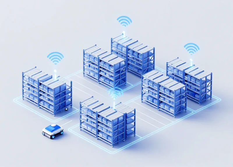 An isometric 3D illustration of a modern automated distribution center with small robotic AGV units navigating clean paths between organized storage racks, featuring glowing abstract signal nodes.