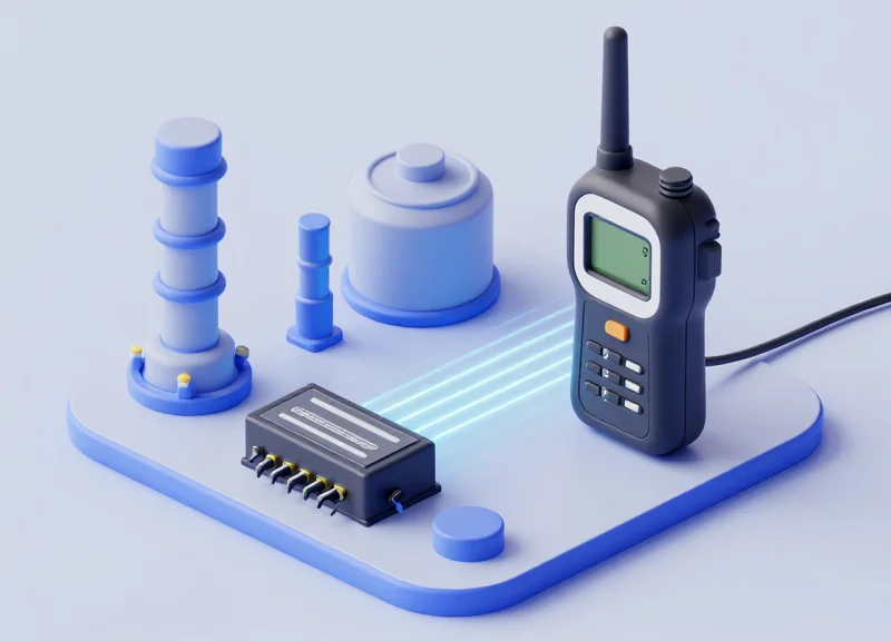 Isometric 3D view of an RFID reader communicating with a PLC unit via glowing data lines