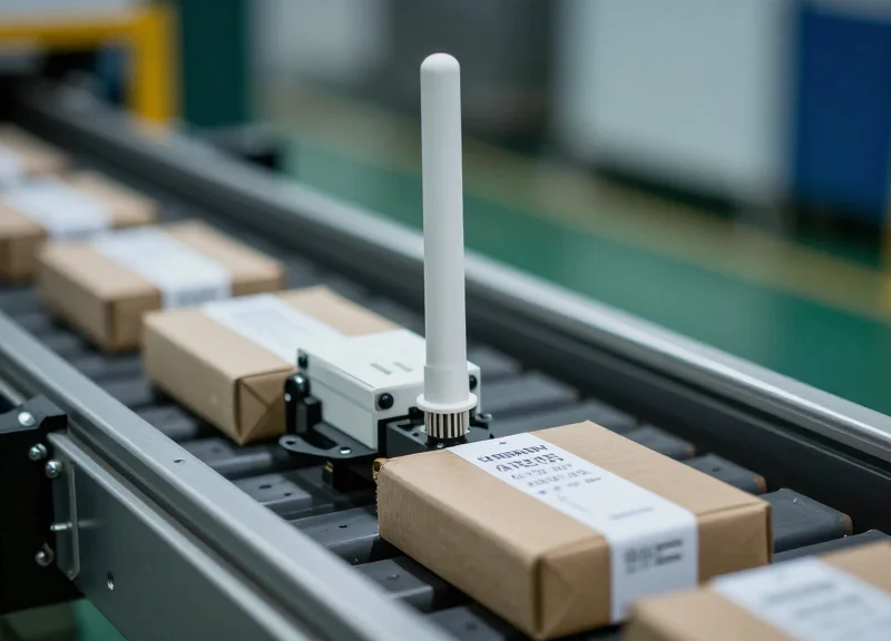Industrial RFID antenna mounted on a production line scanning tags on boxes