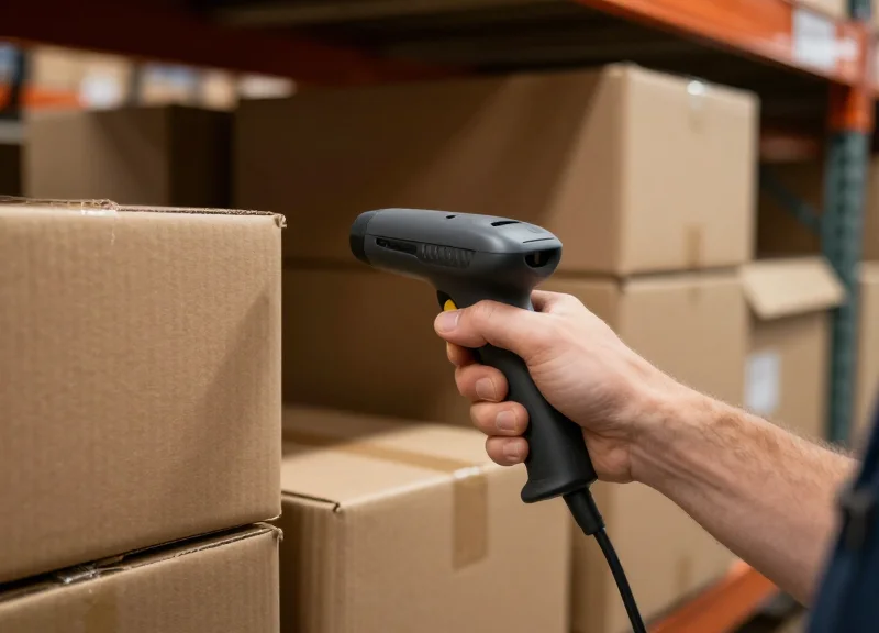 A warehouse worker looking frustrated while manually scanning a large pile of boxes with a handheld barcode reader.