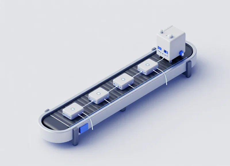 A 3D isometric model of an automated factory line where RFID sensors and PLC controllers are linked by glowing data paths.