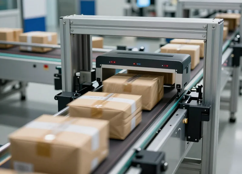 Packages moving quickly through an automated RFID gate on a conveyor belt without any human intervention.
