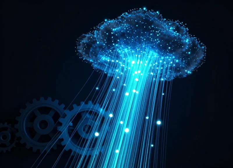 Abstract visualization of glowing data streams bridging the gap between factory floor machinery and digital cloud systems.