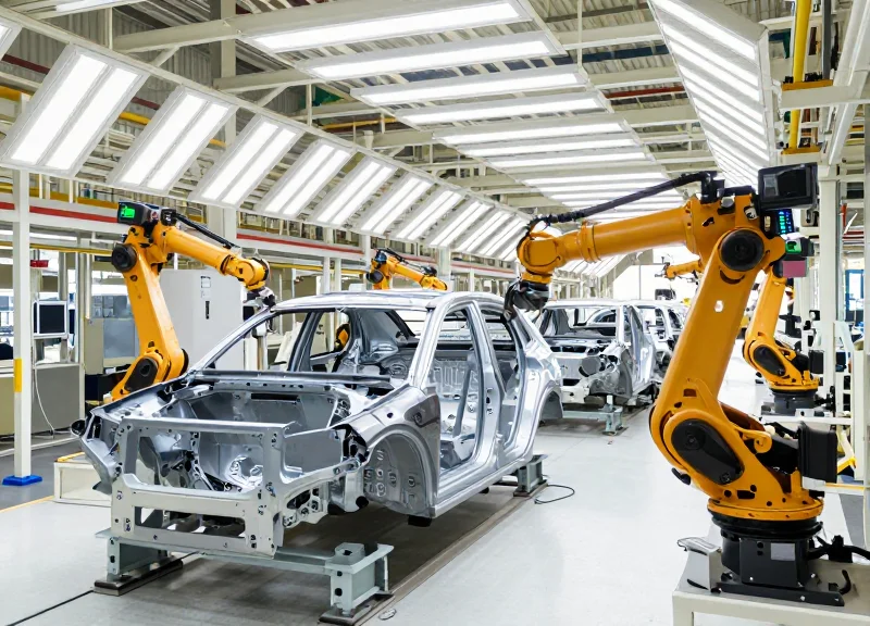 A modern, highly automated automotive assembly line featuring robotic arms and integrated tracking sensors.
